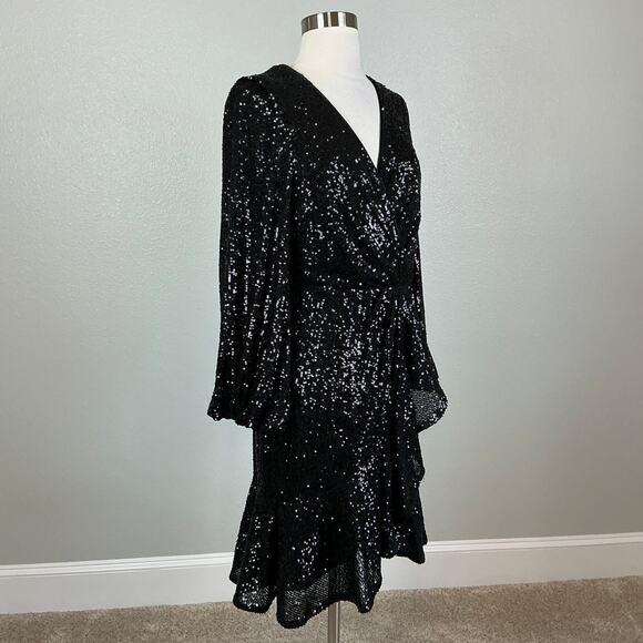 Eliza J Sequined Long Sleeve Fit and Flare Cocktail Dress Sparkly Black Size 6 - Picture 3 of 13